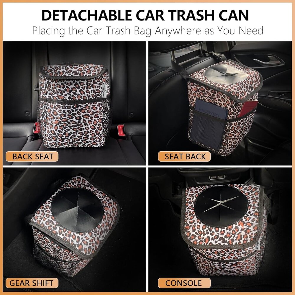 Car Cup Holder Coaster & Back Seat Trash Bin with Storage Pockets - Leopard Prin - Picture 5 of 7